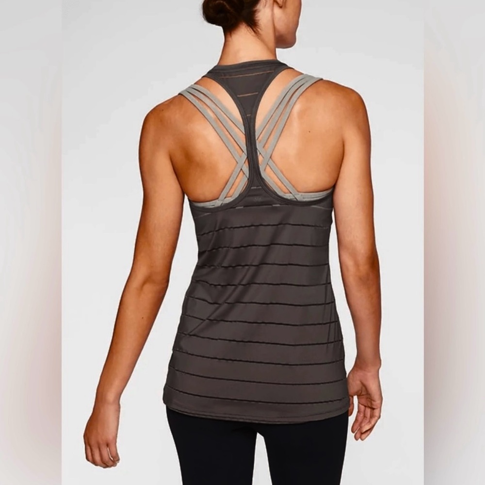 Athleta Stripe Mesh High Neck Chi Tank, Charcoal Petite Large